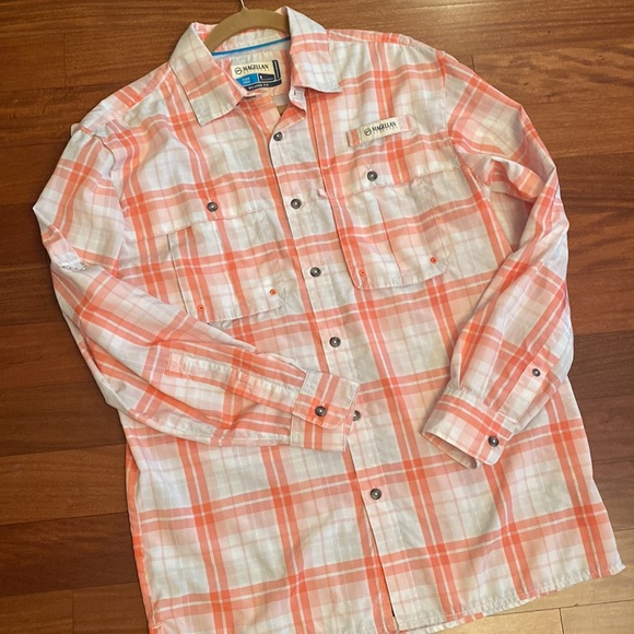Magellan Fish Gear Mens Sz S Long Sleeve Relaxed Fit Vented Orange/Peach Plaid - Picture 7 of 16